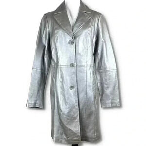Chadwicks trench coat sz 8T Gray silver pewter metallic 100% leather vintage 90s
